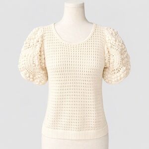 Stella Pardo Greta Cream Crochet Puff Sleeve Knit Top S